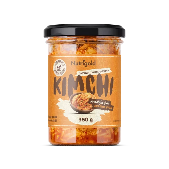 Nutrigold Kimchi Srednje pekoči, Fermentirana zelenjava v 350 g stekleni embalaži.