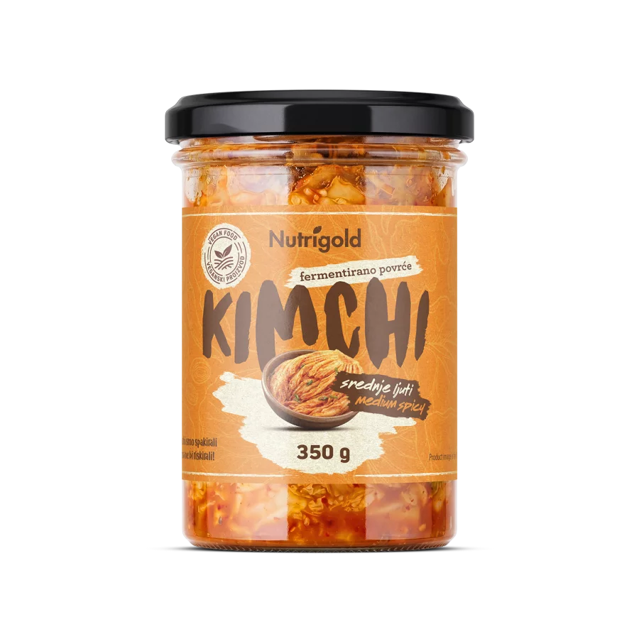 Nutrigold Kimchi Srednje pekoči, Fermentirana zelenjava v 350 g stekleni embalaži.