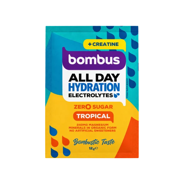 Bombus Elektroliti + Kreatin All Day Hydration napitek s tropskim okusim v vrečkici, 12 g.