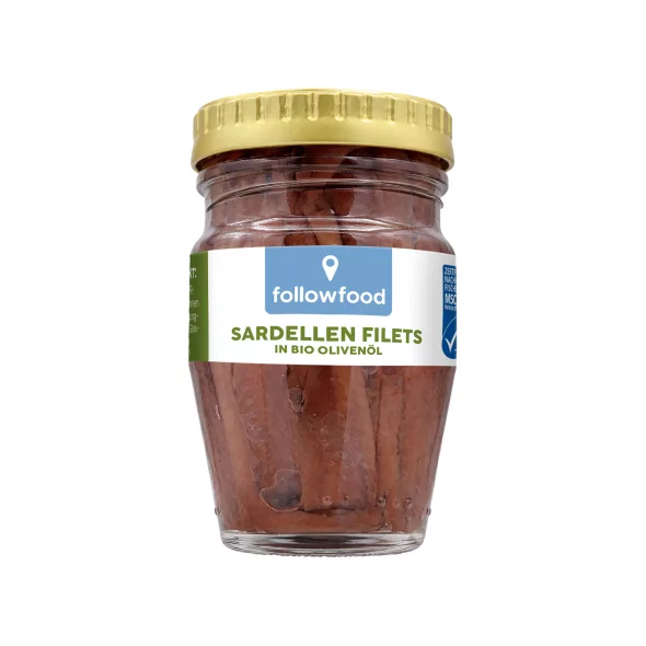 Followfood fileti sardel v oljčnem olju v kozarčku, 80 g.
