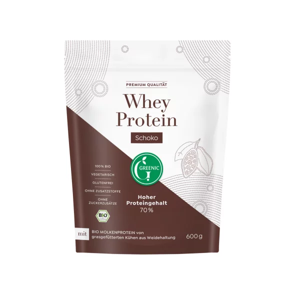 Greenic ekološke whey beljakovine z okusom čokolade v pakiranju 600 g.