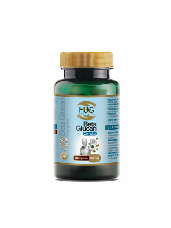 Hug Your Life Beta Glukan premium & C3 Complex 60 kapsul v temni embalaži.