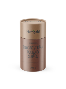 Nutrigold ekološka zdrobljena kakavova zrna v rjavi embalaži, 200g.