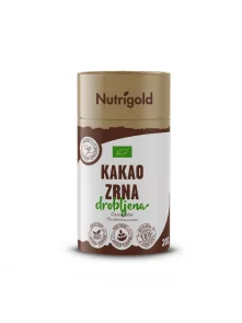Nutrigold ekološka zdrobljena kakavova zrna v rjavi embalaži, 200g.