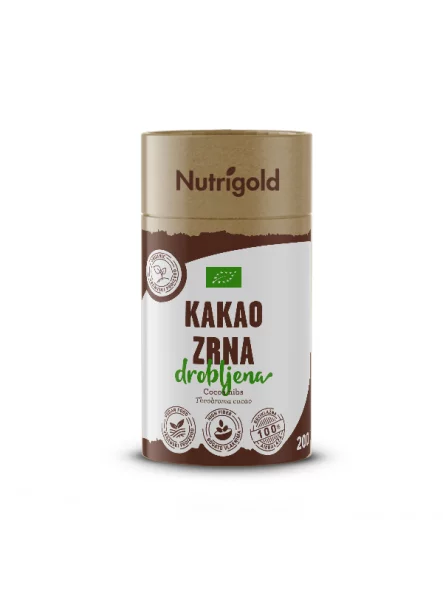 Nutrigold ekološka zdrobljena kakavova zrna v rjavi embalaži, 200g.