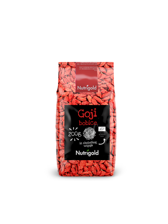 Nutrigold ekološke goji jagode v 200 gramski plastični embalaži.