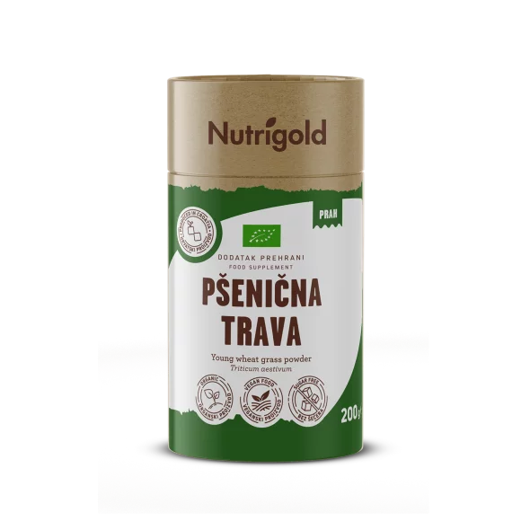 Nurigold pšenična trava v prahu v rjavi valjkasti embalaži, 200g.