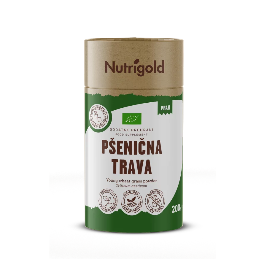 Nurigold pšenična trava v prahu v rjavi valjkasti embalaži, 200g.