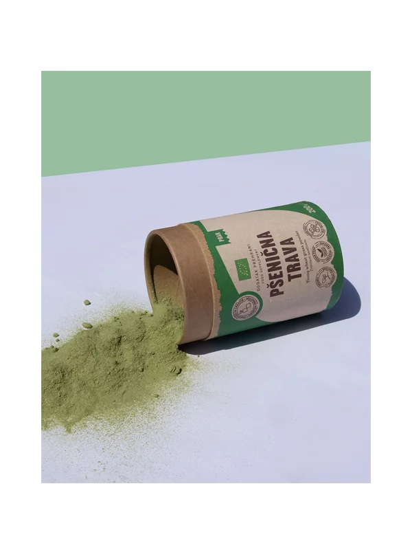 Nurigold pšenična trava v prahu v rjavi valjkasti embalaži, 200g.