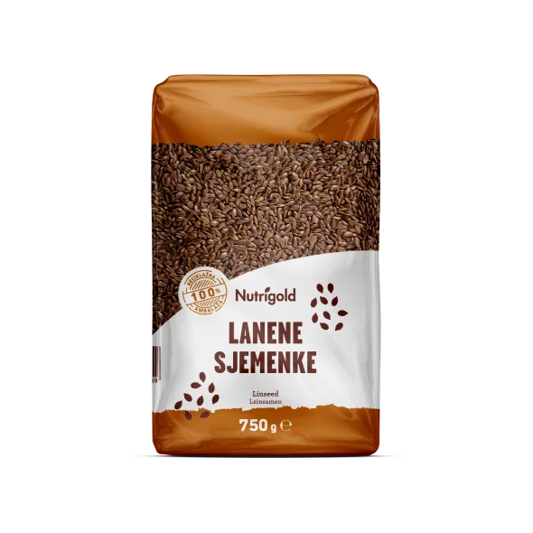 Nutrigold ekološka lanena semena v prozorni plastični embalaži, 750 g.
