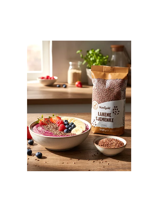 Nutrigold ekološka lanena semena v prozorni plastični embalaži, 750g.