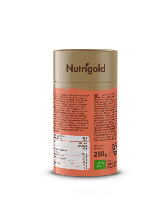 Nutrigold ekološki psyllium prah v rjavi valjkasti embalaži, 250g.