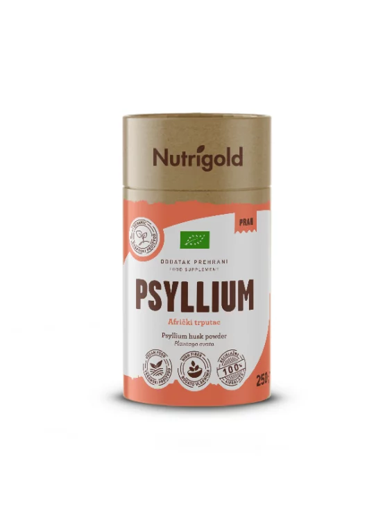 Nutrigold ekološki psyllium prah v rjavi valjkasti embalaži, 250g.