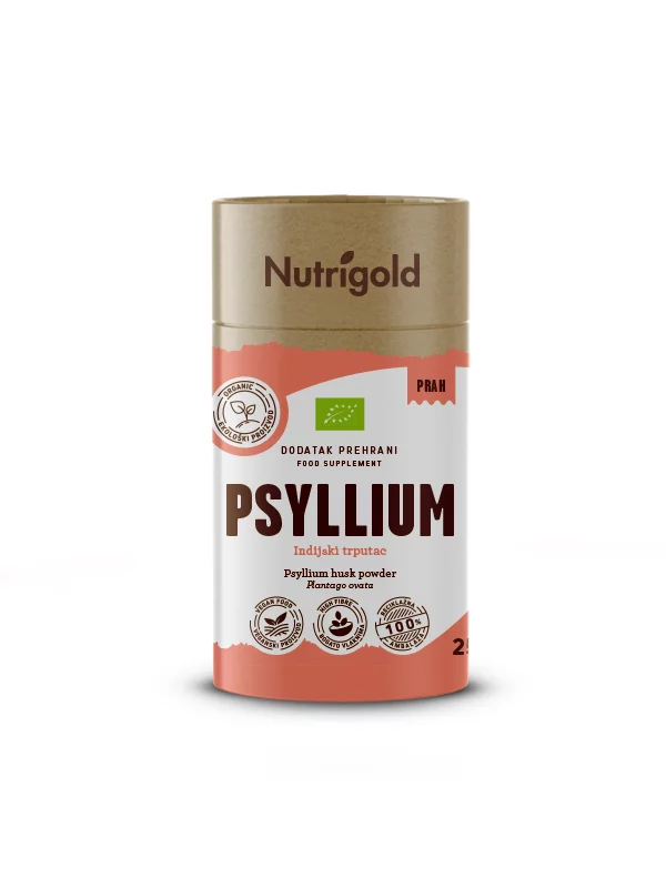 Nutrigold ekološki psyllium prah v rjavi valjkasti embalaži, 250g.