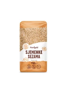 Nutrigold sezamova semena v prozorni plastični embalaži.