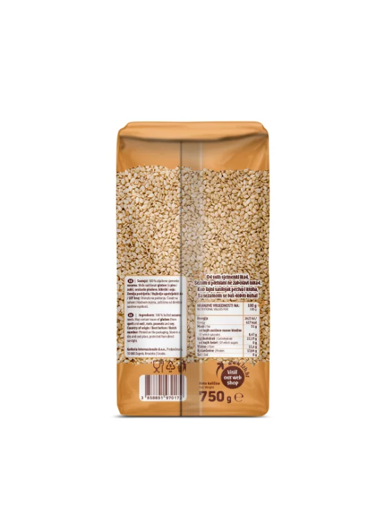 Nutrigold sezamova semena v prozorni plastični embalaži.