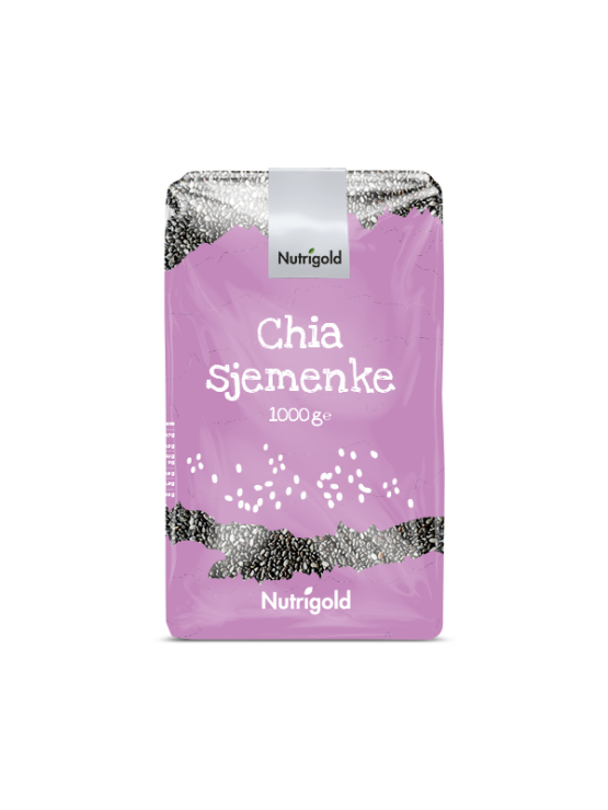 Chia semena Nuttrigold v 1000 gramski prozorni embalaži.