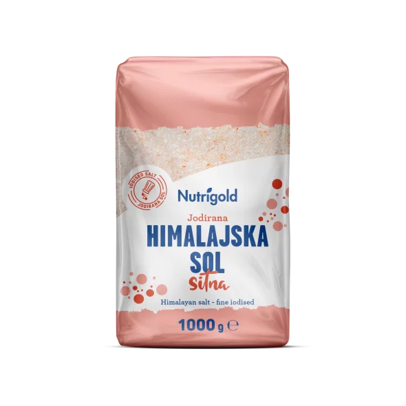 Nutrigold drobno mleta jodirana himalajska sol v 1000 gramski prozorni plastični embalaži.