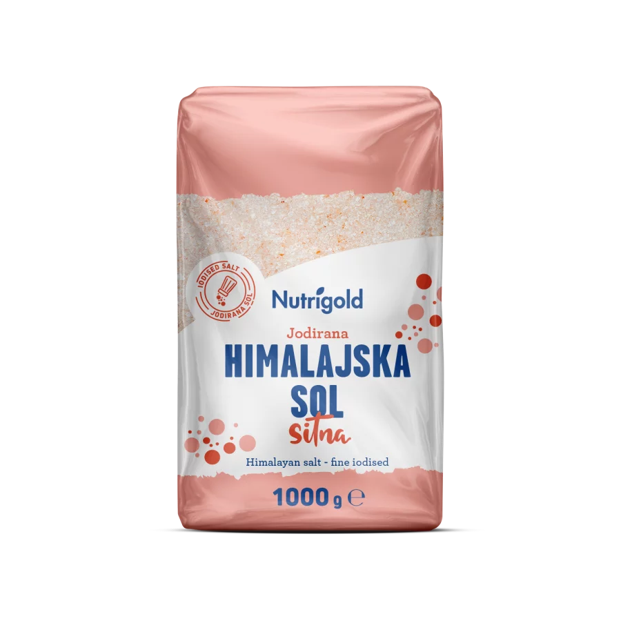Nutrigold drobno mleta jodirana himalajska sol v 1000 gramski prozorni plastični embalaži.