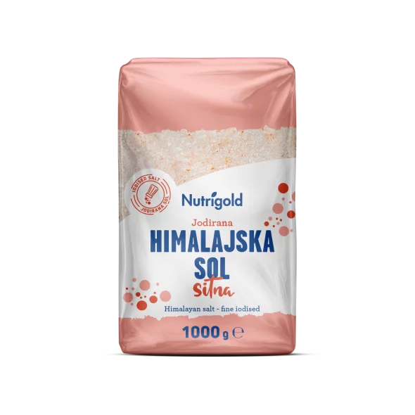Nutrigold drobno mleta jodirana himalajska sol v 1000 gramski prozorni plastični embalaži.