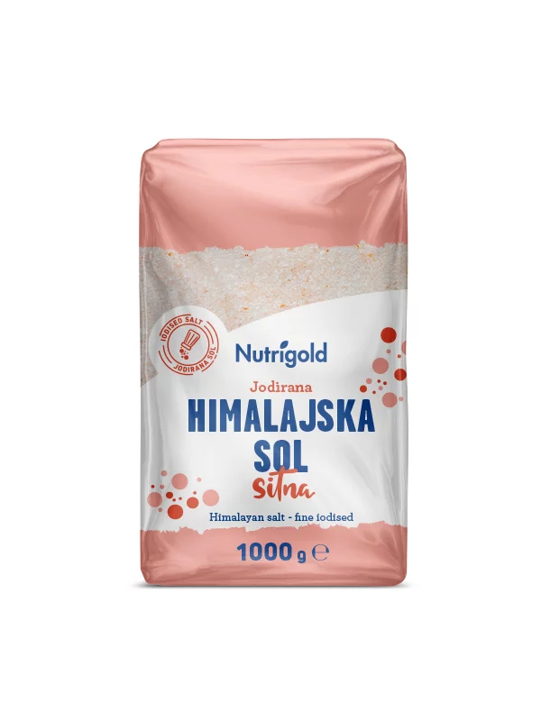 Nutrigold drobno mleta jodirana himalajska sol v 1000 gramski prozorni plastični embalaži.