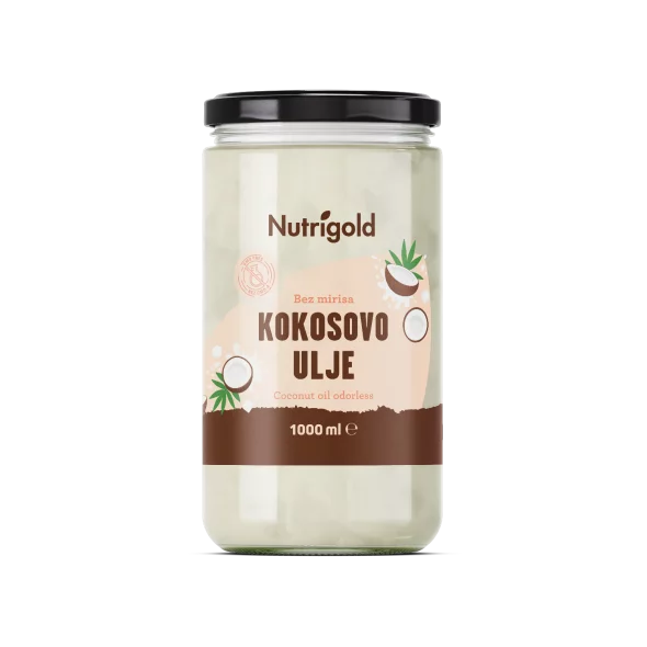 Nutrigold kokosovo olje brez vonja v steklenem kozarcu, 1000 ml.