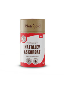 Nutrigold natrijev askorbat v prahu v rjavi valjkasti embalaži, 500g.