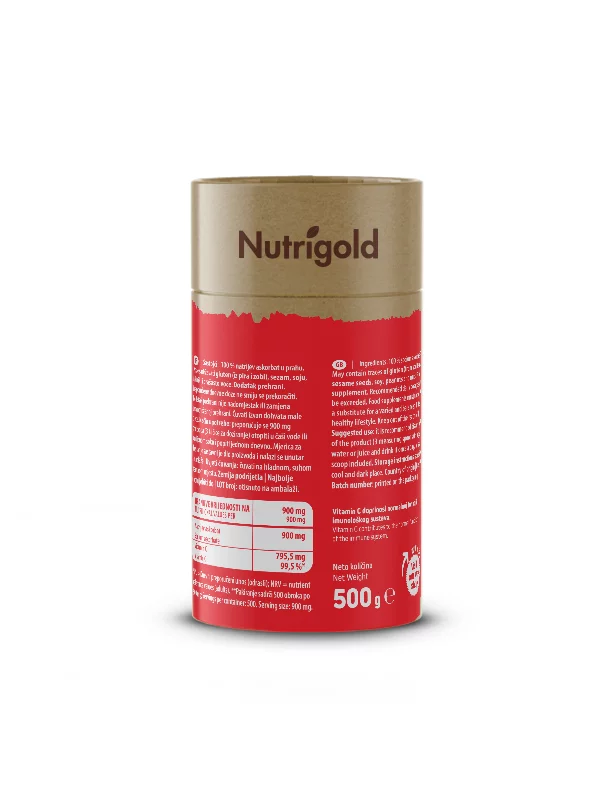 Nutrigold natrijev askorbat v prahu v rjavi valjkasti embalaži, 500g.