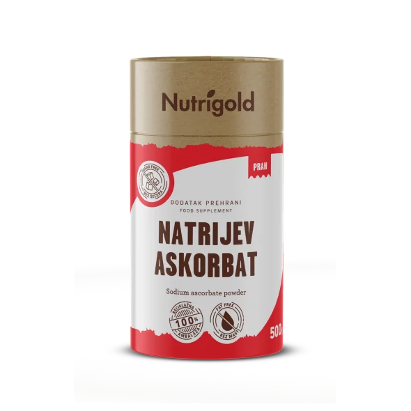 Nutrigold natrijev askorbat v prahu v rjavi valjkasti embalaži, 500g.