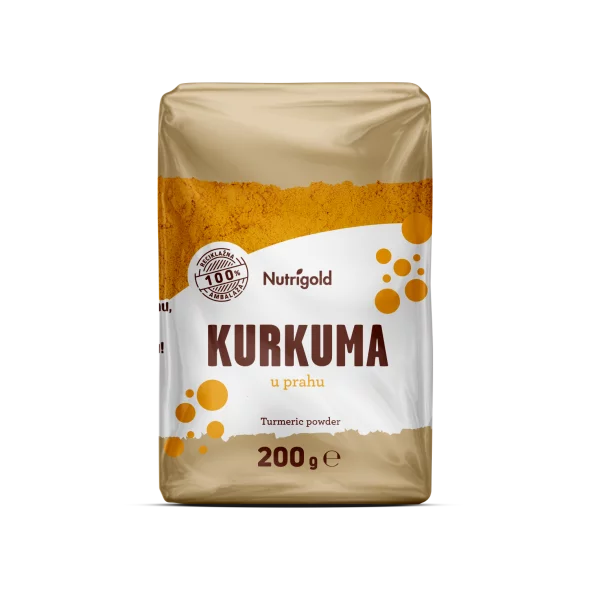 Nutrigold kurkuma v prahu v prozorni plastični embalaži, 200 g.