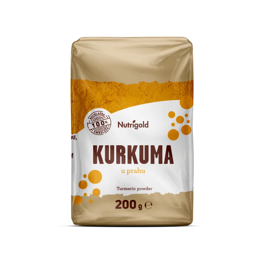 Nutrigold kurkuma v prahu v prozorni plastični embalaži, 200 g.