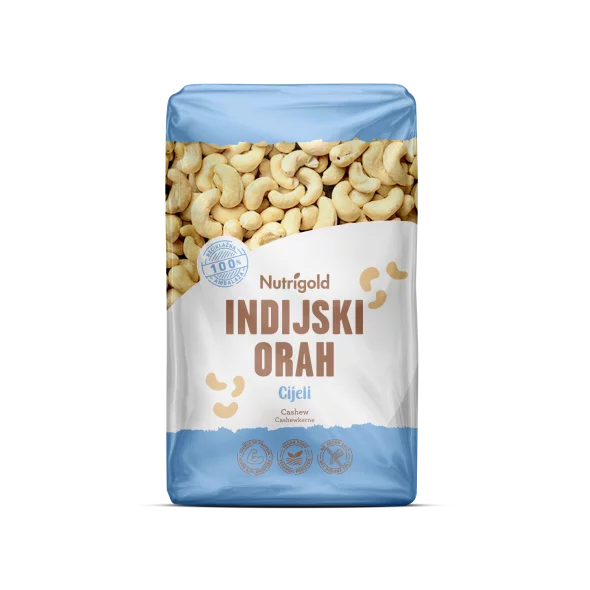 Nutrigold surovi indijski oreščki v prozorni plastični embalaži, 1000 g.