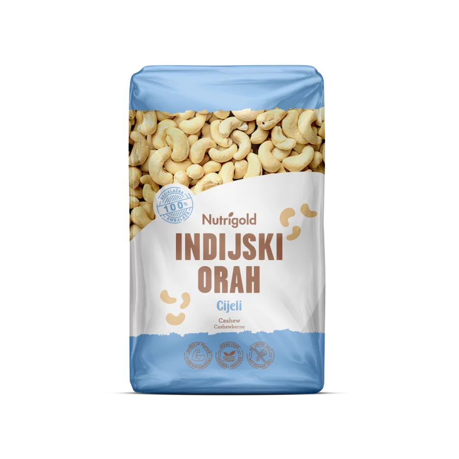 Nutrigold surovi indijski oreščki v prozorni plastični embalaži, 1000 g.