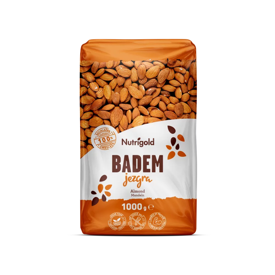 Nutrigold Mandljeva jedrca v 100 gramski prozorni plastični embalaži.