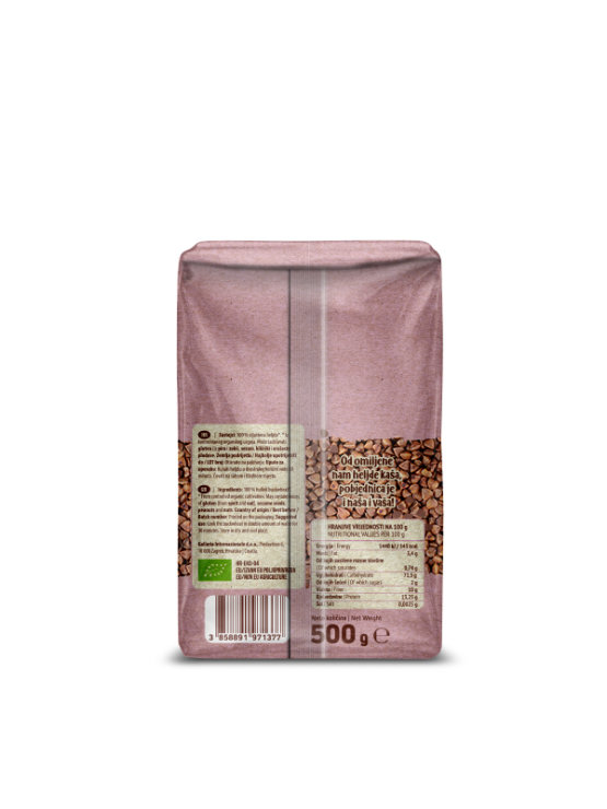Nutrigold ekološka surova ajdova kaša (oluščena) v 500 gramski prozorni plastični embalaži.