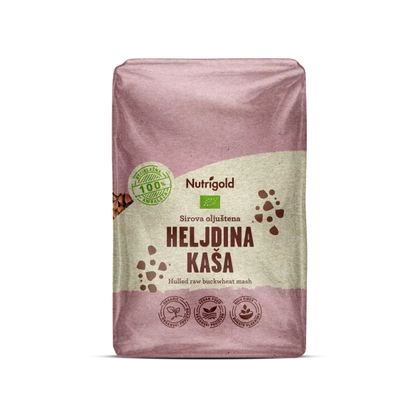Nutrigold ekološka surova ajdova kaša (oluščena) v 500 gramski prozorni plastični embalaži.