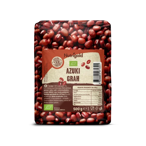 Nutrigold azuki fižol i ekološke pridelave v prozorni embalaži, 500 gramov