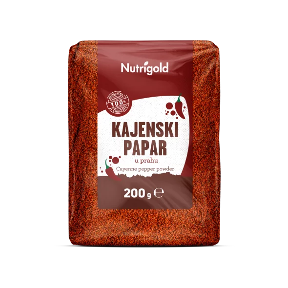Nutrigold kajenski poper v prahu v prozorni plastični embalaži, 200g.