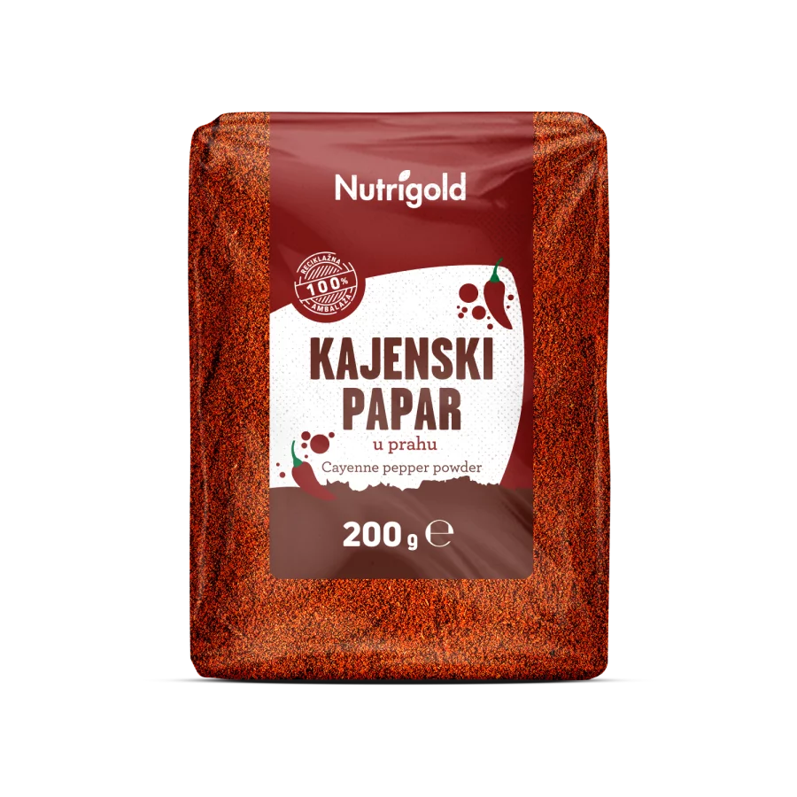 Nutrigold kajenski poper v prahu v prozorni plastični embalaži, 200g.